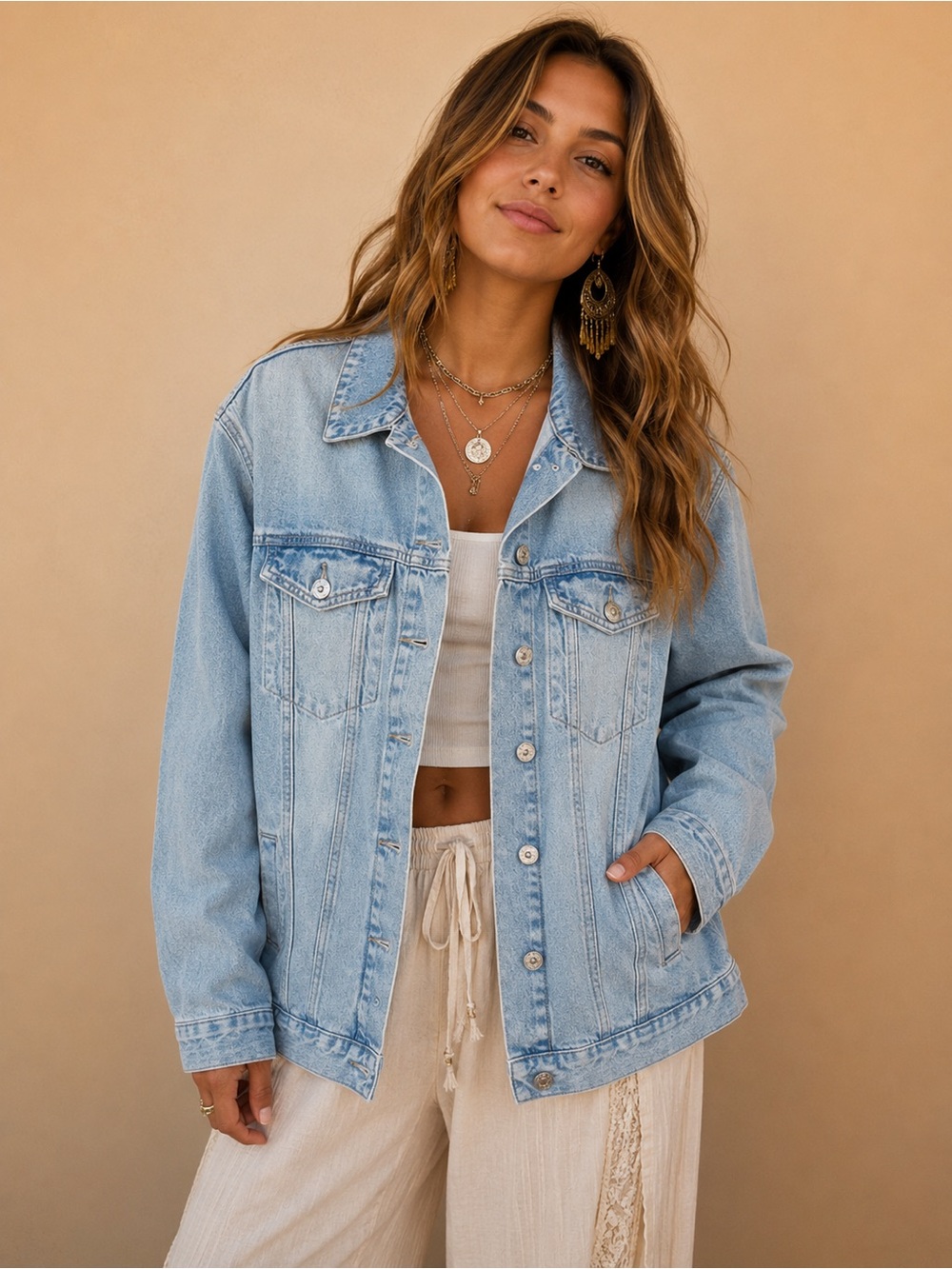 Forever 21 Women’s Light Wash Oversized Denim Jean Jacket Boyfriend Trucker